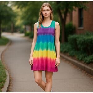 ☀️Chaser Rainbow Tie Dye Striped Sleeveless Mini Tank Dress Multi Women's S NWT